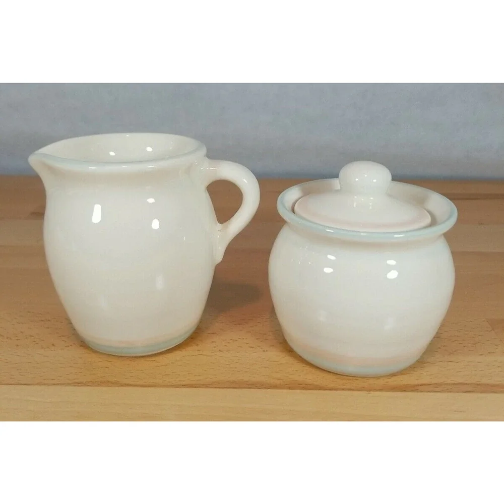 Pfaltzgraff Creamer & lidded Sugar 024 Sunrise pattern Blue and Rose Stripe